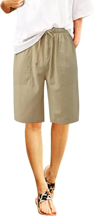 2024 Women's Drawstring Waist Shorts Summer Casual Short Length Pants Solid Straight Legs All-Match Walking Cycling Shorts