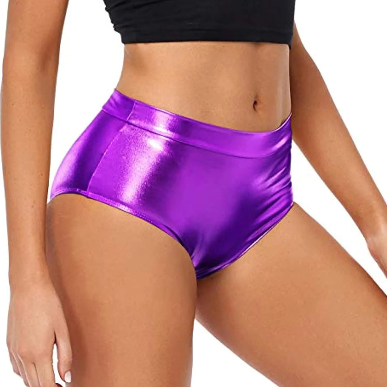 2024 Women's Metallic Faux Leather Shorts Elastic High Waist Shorts Shiny Sexy Rave Short Hot Pants for Party Clubwear