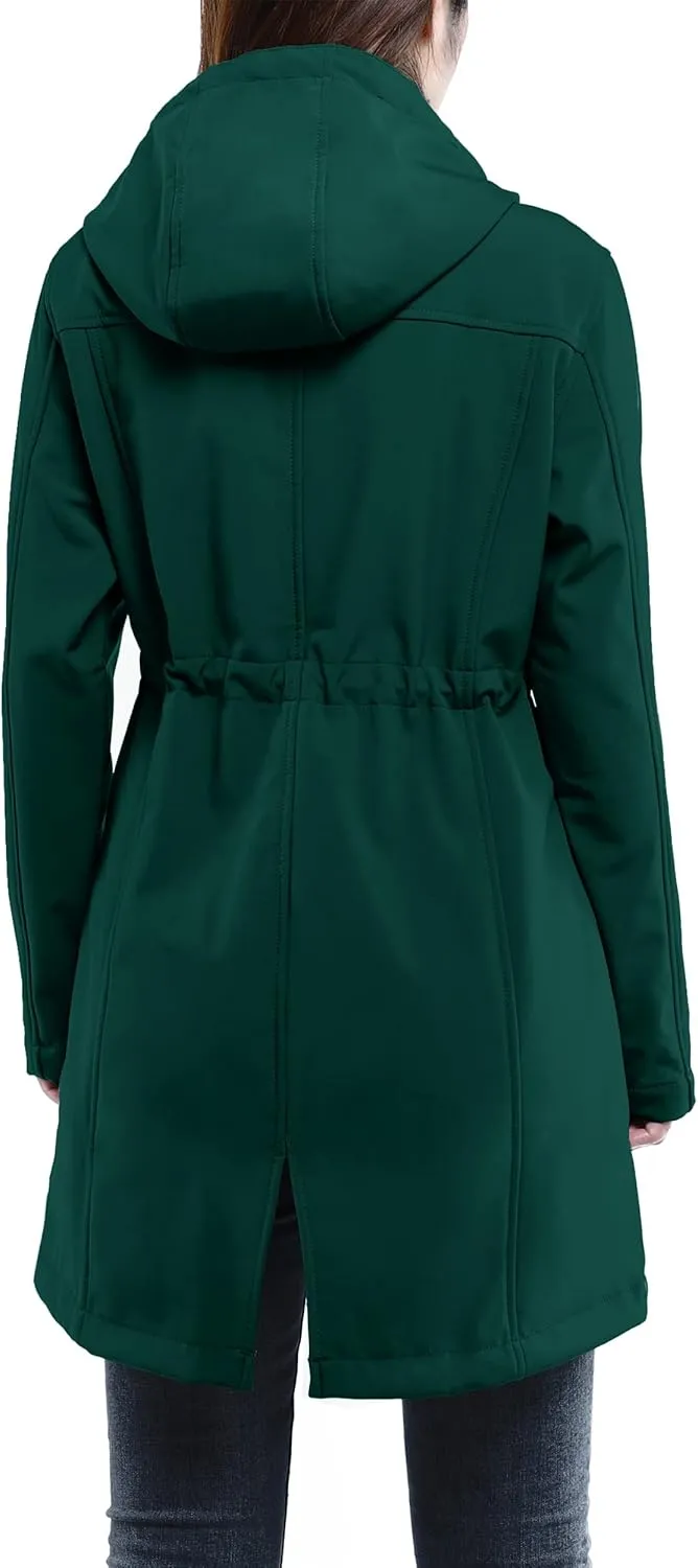 33,000ft Women's Softshell Long Jacket with Hood Fleece Lined Windproof Warm up Waterproof Windbreaker