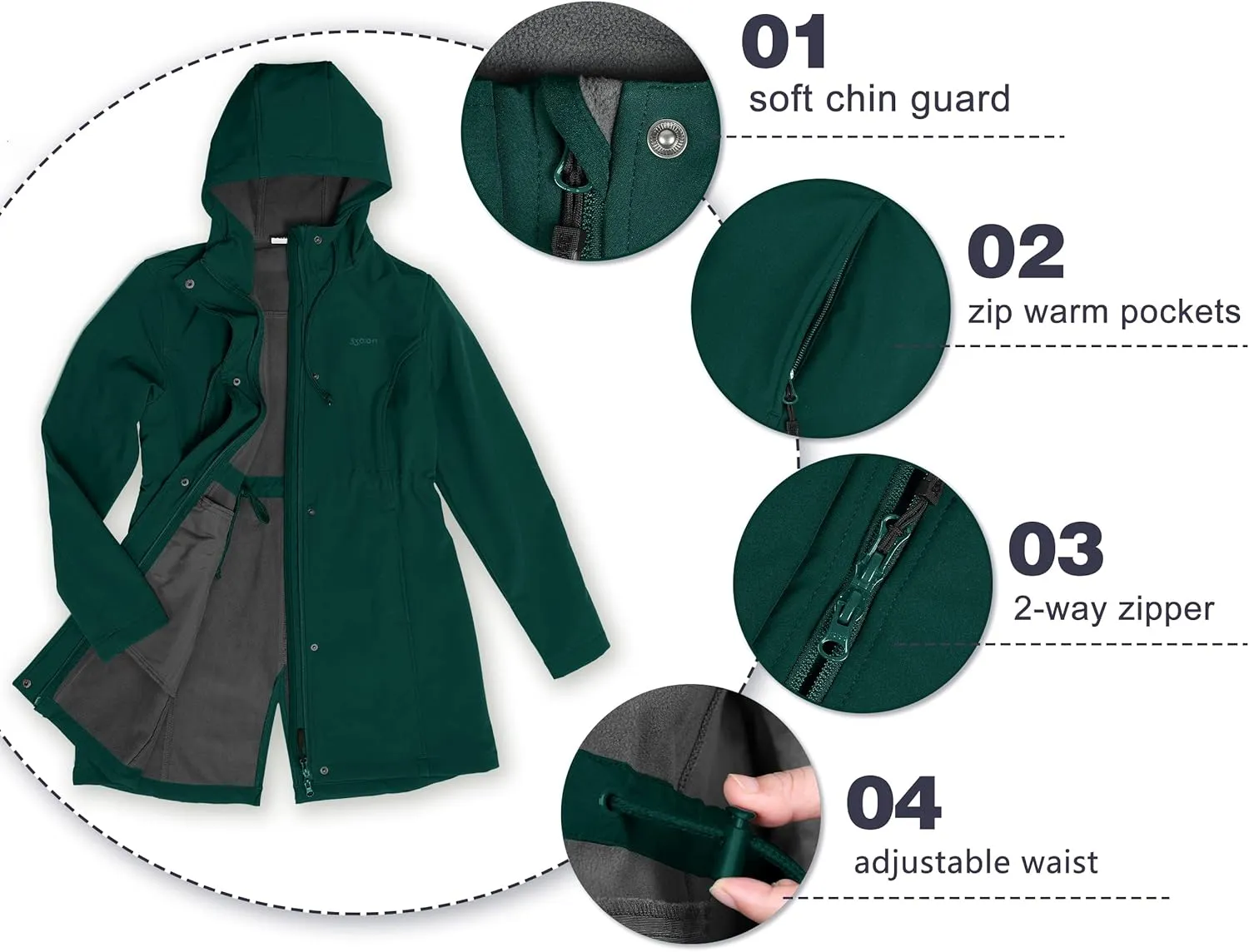 33,000ft Women's Softshell Long Jacket with Hood Fleece Lined Windproof Warm up Waterproof Windbreaker