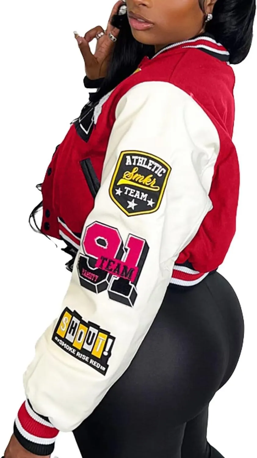 ACEFAST INC Womens Varsity Jacket Long Sleeve Button Down Cropped Bomber Jackets Casual Baseball Coat Y2K Streetwear