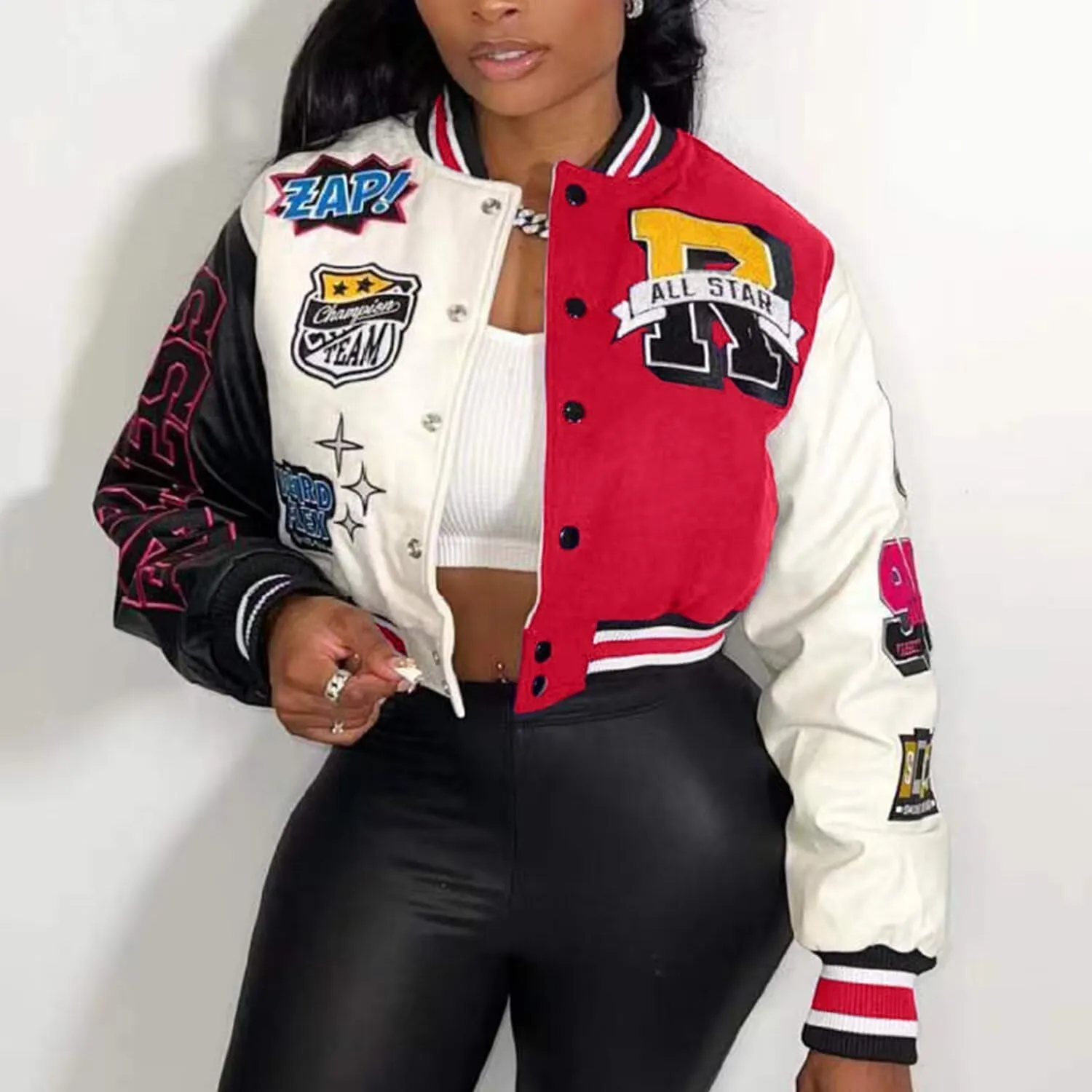 ACEFAST INC Womens Varsity Jacket Long Sleeve Button Down Cropped Bomber Jackets Casual Baseball Coat Y2K Streetwear