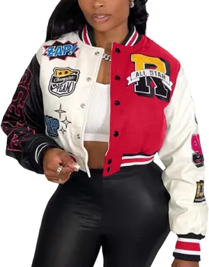 ACEFAST INC Womens Varsity Jacket Long Sleeve Button Down Cropped Bomber Jackets Casual Baseball Coat Y2K Streetwear