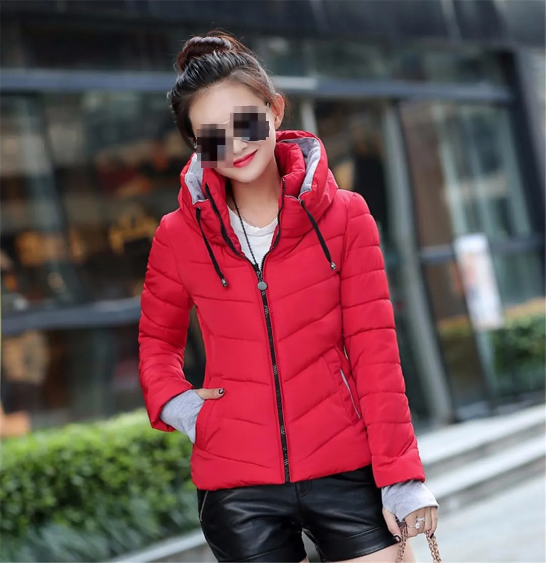 Adhdyuud Women Down Hooded Jacket Winter Warm Cotton Padded Parka Autumn Slim Cotton Coat