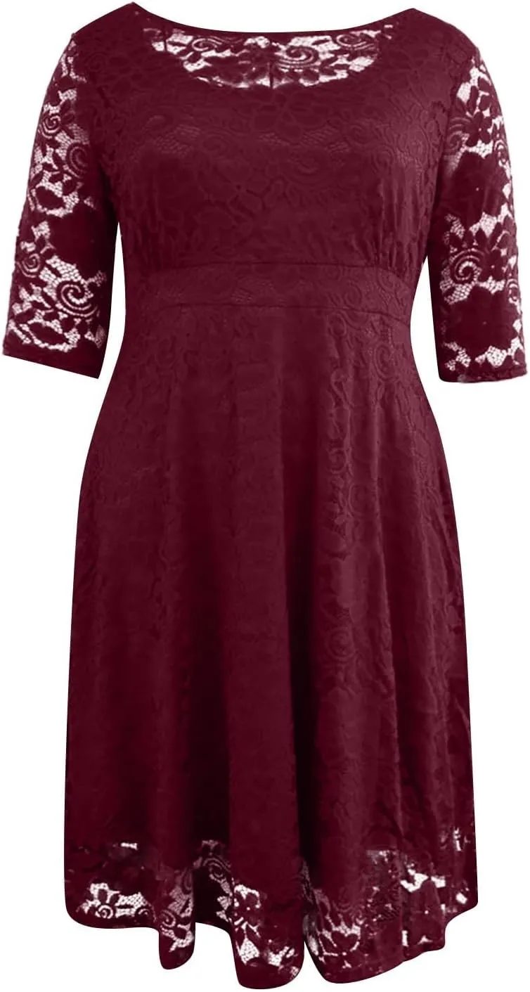 ADHOWBEW Formal Dresses for Women Plus Size Lace Chiffon Dress Elegant Long Sleeve Midi Dress