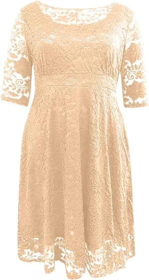 ADHOWBEW Formal Dresses for Women Plus Size Lace Chiffon Dress Elegant Long Sleeve Midi Dress