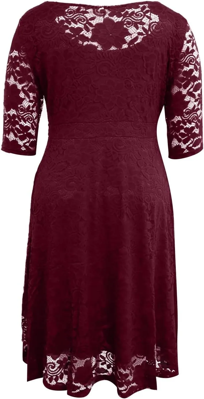 ADHOWBEW Formal Dresses for Women Plus Size Lace Chiffon Dress Elegant Long Sleeve Midi Dress