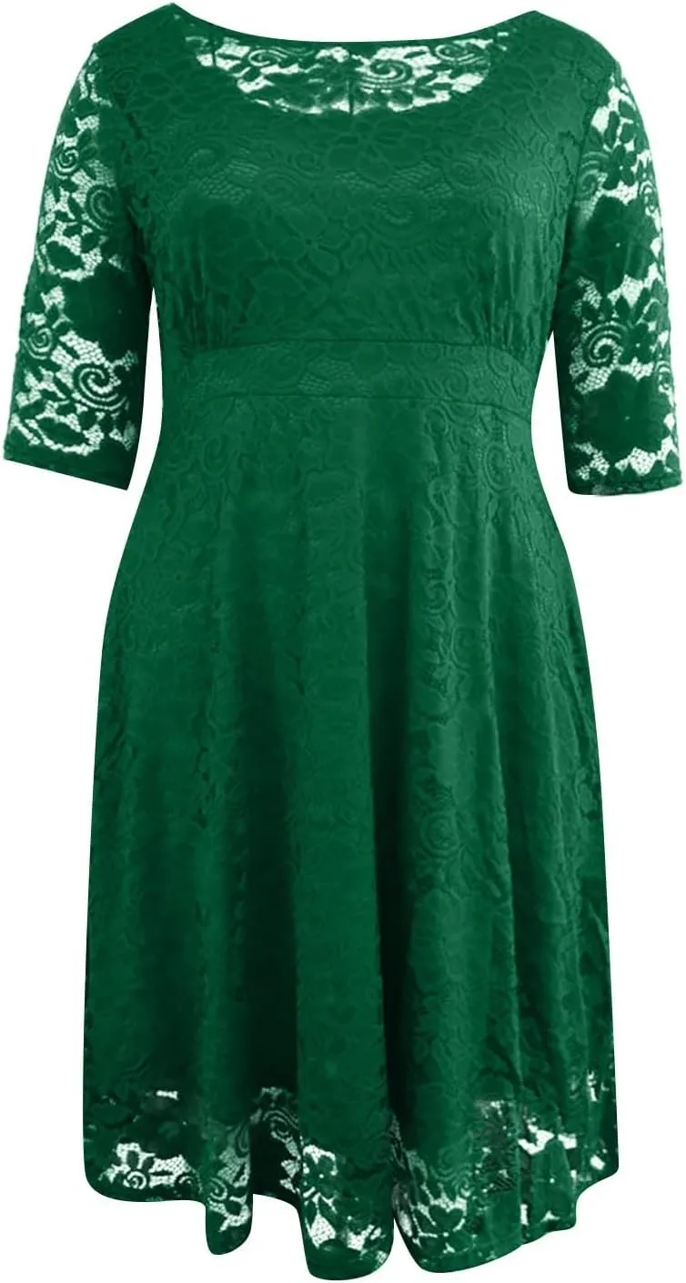 ADHOWBEW Formal Dresses for Women Plus Size Lace Chiffon Dress Elegant Long Sleeve Midi Dress