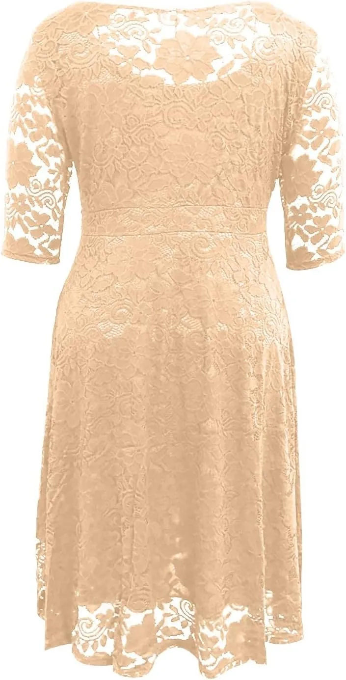 ADHOWBEW Formal Dresses for Women Plus Size Lace Chiffon Dress Elegant Long Sleeve Midi Dress