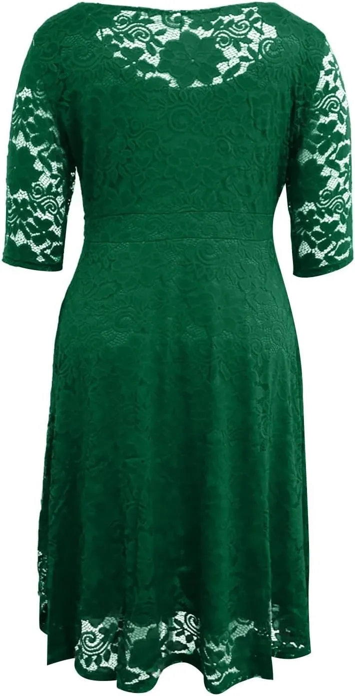 ADHOWBEW Formal Dresses for Women Plus Size Lace Chiffon Dress Elegant Long Sleeve Midi Dress