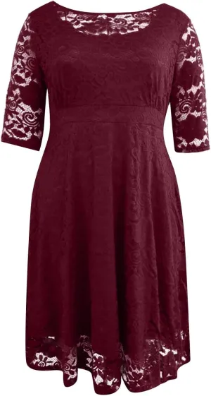 ADHOWBEW Formal Dresses for Women Plus Size Lace Chiffon Dress Elegant Long Sleeve Midi Dress