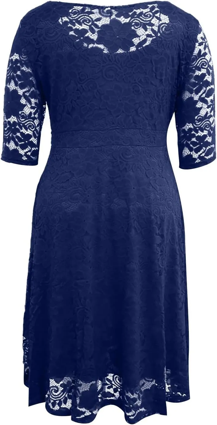 ADHOWBEW Formal Dresses for Women Plus Size Lace Chiffon Dress Elegant Long Sleeve Midi Dress