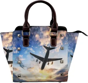 Airplane Sky Women Leather Handbag Rivet Shoulder Bag Top Handle Satchel Purse
