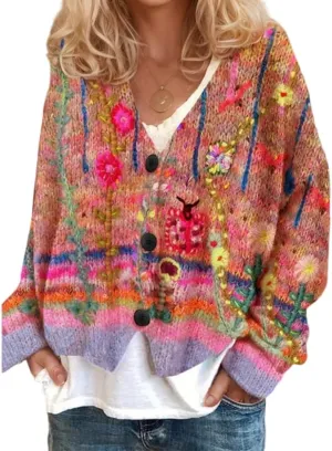 Akivide Women's Colorful Floral Print Long Sleeve Cardigan Casual Loose Open Front Button Down V Neck Knitted Coat Outwear