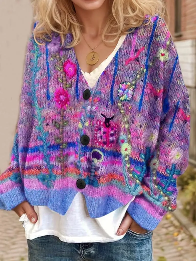 Akivide Women's Colorful Floral Print Long Sleeve Cardigan Casual Loose Open Front Button Down V Neck Knitted Coat Outwear
