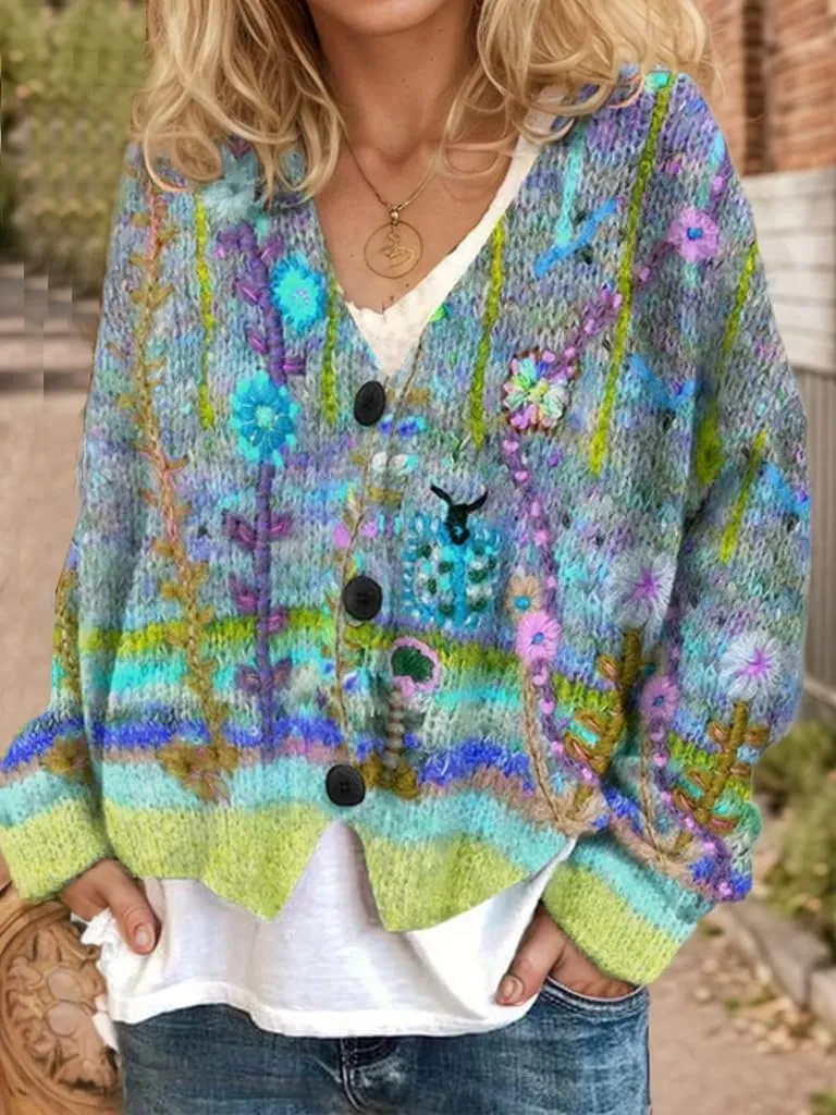 Akivide Women's Colorful Floral Print Long Sleeve Cardigan Casual Loose Open Front Button Down V Neck Knitted Coat Outwear