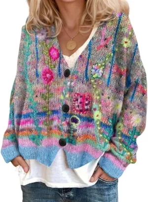 Akivide Women's Colorful Floral Print Long Sleeve Cardigan Casual Loose Open Front Button Down V Neck Knitted Coat Outwear