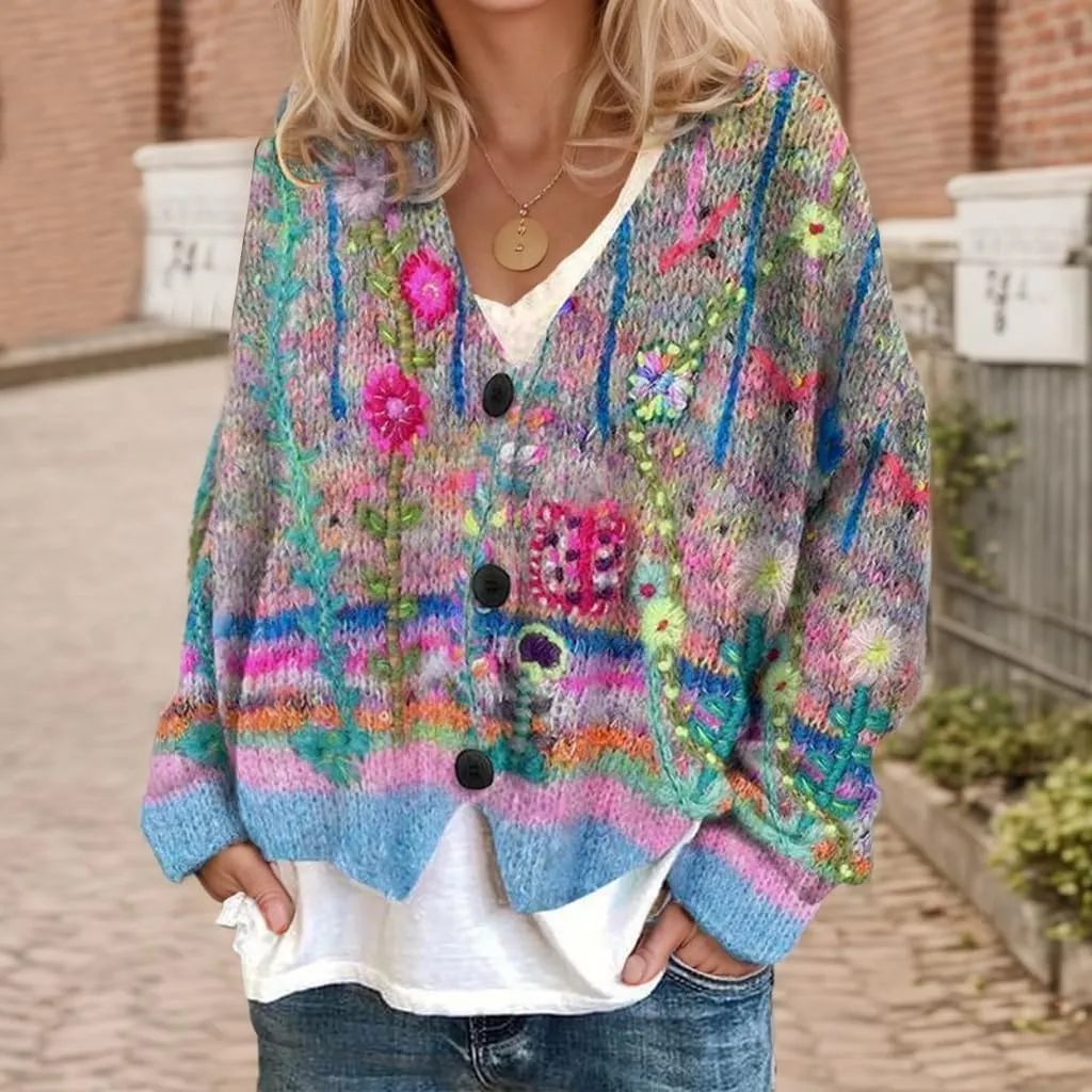 Akivide Women's Colorful Floral Print Long Sleeve Cardigan Casual Loose Open Front Button Down V Neck Knitted Coat Outwear