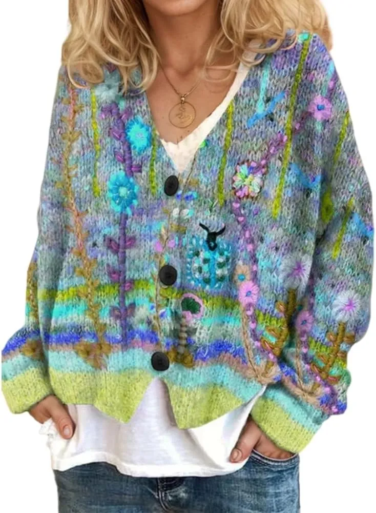 Akivide Women's Colorful Floral Print Long Sleeve Cardigan Casual Loose Open Front Button Down V Neck Knitted Coat Outwear