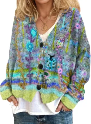 Akivide Women's Colorful Floral Print Long Sleeve Cardigan Casual Loose Open Front Button Down V Neck Knitted Coat Outwear