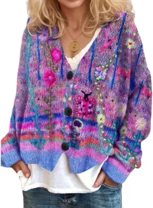 Akivide Women's Colorful Floral Print Long Sleeve Cardigan Casual Loose Open Front Button Down V Neck Knitted Coat Outwear