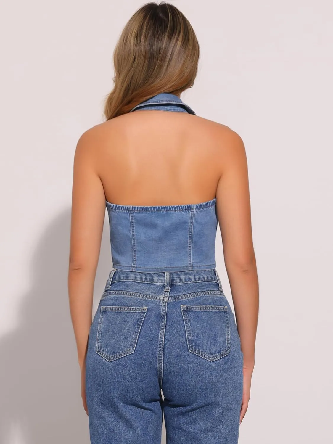 Allegra K Denim Halter Top for Women's Zipper Up Collared Sleeveless Jean Corset
