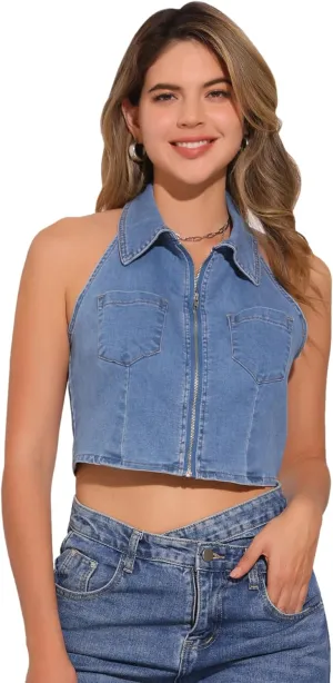 Allegra K Denim Halter Top for Women's Zipper Up Collared Sleeveless Jean Corset