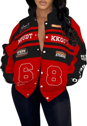 Angsuttc Varsity Jacket Women Motorcycle Detachable Letter Graphic Racer Jackets Vintage Color Block Baseball Street Coats
