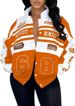 Angsuttc Varsity Jacket Women Motorcycle Detachable Letter Graphic Racer Jackets Vintage Color Block Baseball Street Coats