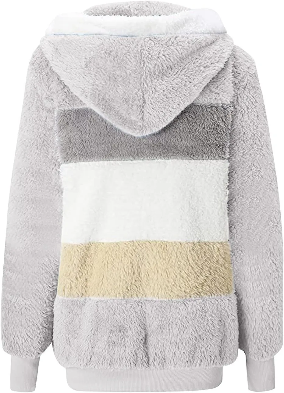 Anjikang Women's Winter Fuzzy Fleece Hooded Jacket Color Block Patchwork Cardigan Coats Fluffy Sherpa Outerwear with Pockets