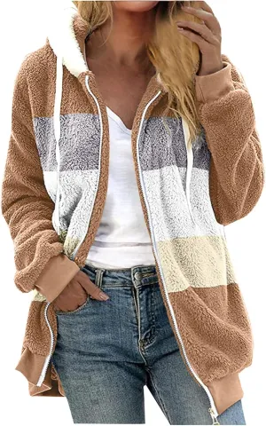 Anjikang Women's Winter Fuzzy Fleece Hooded Jacket Color Block Patchwork Cardigan Coats Fluffy Sherpa Outerwear with Pockets