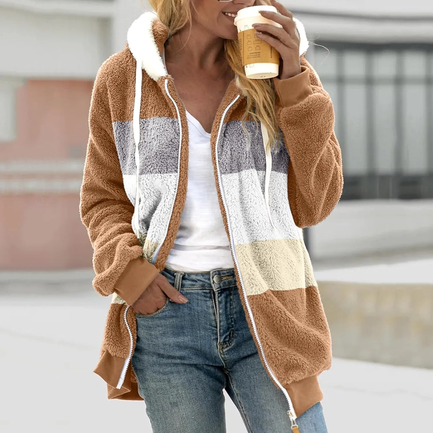 Anjikang Women's Winter Fuzzy Fleece Hooded Jacket Color Block Patchwork Cardigan Coats Fluffy Sherpa Outerwear with Pockets
