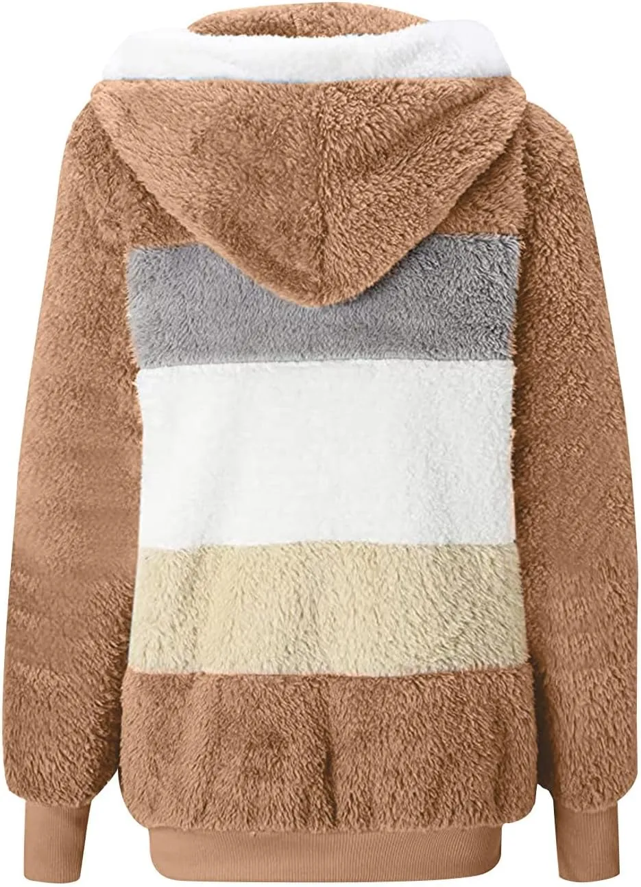 Anjikang Women's Winter Fuzzy Fleece Hooded Jacket Color Block Patchwork Cardigan Coats Fluffy Sherpa Outerwear with Pockets