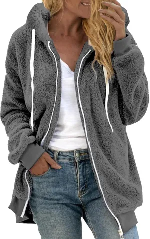 Anjikang Women's Winter Fuzzy Fleece Hooded Jacket Color Block Patchwork Cardigan Coats Fluffy Sherpa Outerwear with Pockets
