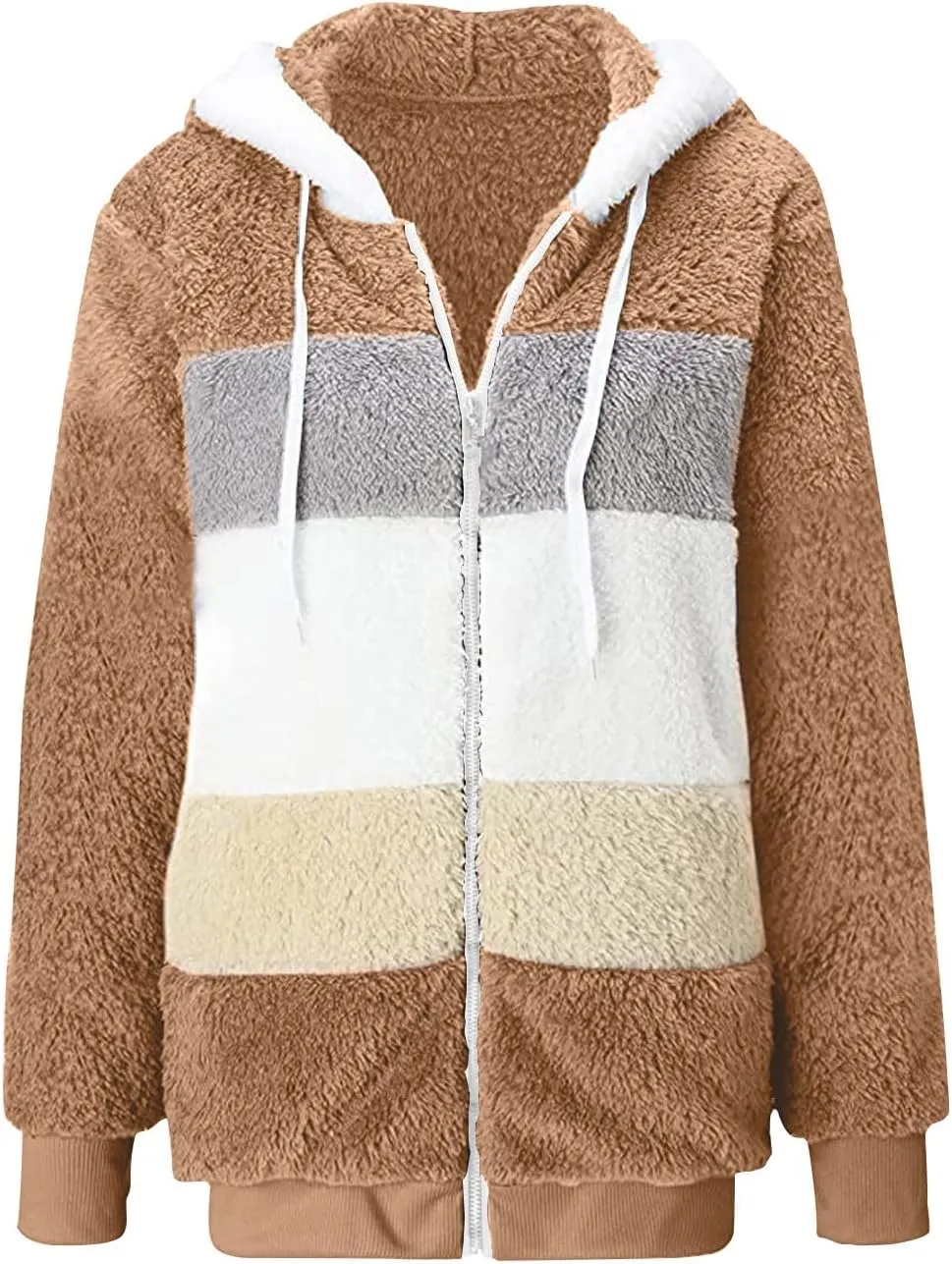 Anjikang Women's Winter Fuzzy Fleece Hooded Jacket Color Block Patchwork Cardigan Coats Fluffy Sherpa Outerwear with Pockets