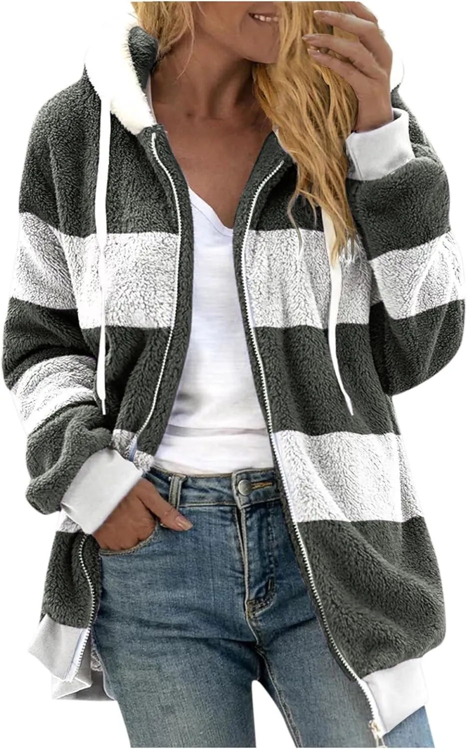 Anjikang Women's Winter Fuzzy Fleece Hooded Jacket Color Block Patchwork Cardigan Coats Fluffy Sherpa Outerwear with Pockets
