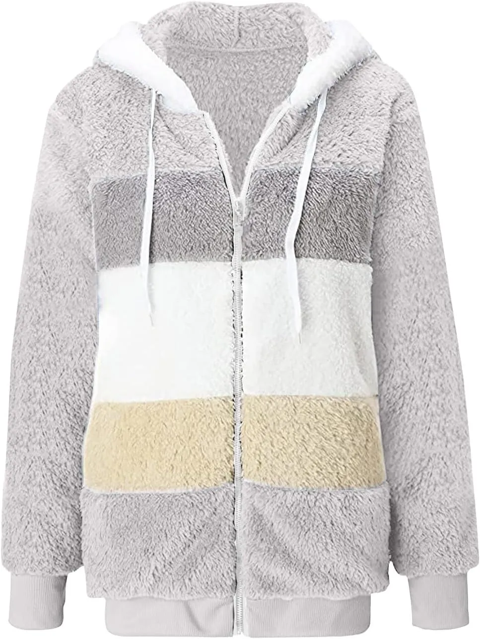 Anjikang Women's Winter Fuzzy Fleece Hooded Jacket Color Block Patchwork Cardigan Coats Fluffy Sherpa Outerwear with Pockets