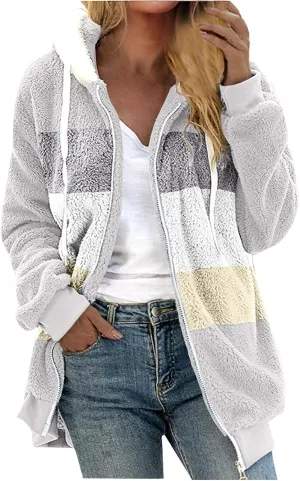 Anjikang Women's Winter Fuzzy Fleece Hooded Jacket Color Block Patchwork Cardigan Coats Fluffy Sherpa Outerwear with Pockets
