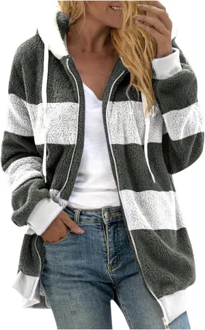 Anjikang Women's Winter Fuzzy Fleece Hooded Jacket Color Block Patchwork Cardigan Coats Fluffy Sherpa Outerwear with Pockets