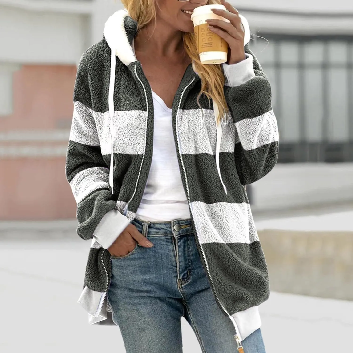 Anjikang Women's Winter Fuzzy Fleece Hooded Jacket Color Block Patchwork Cardigan Coats Fluffy Sherpa Outerwear with Pockets