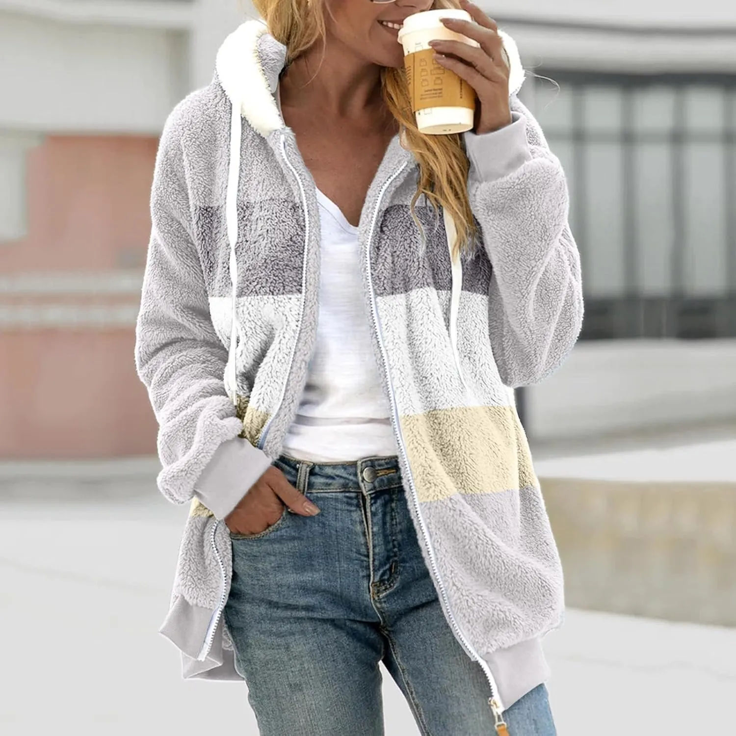Anjikang Women's Winter Fuzzy Fleece Hooded Jacket Color Block Patchwork Cardigan Coats Fluffy Sherpa Outerwear with Pockets