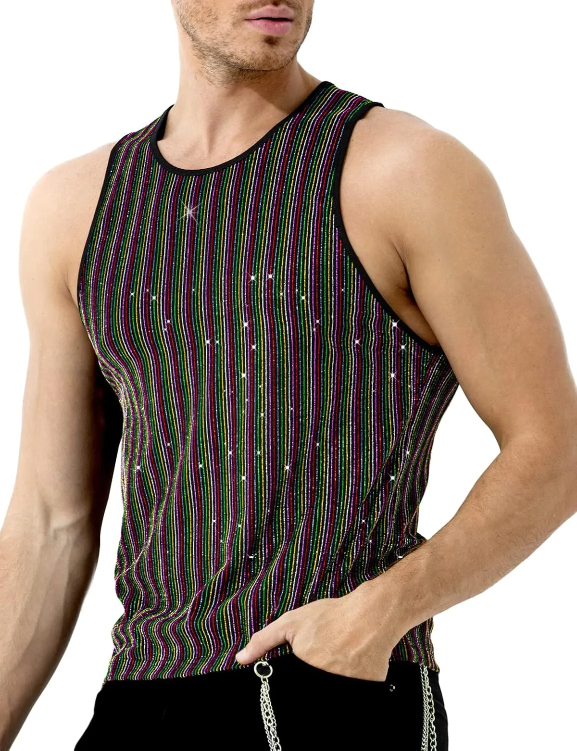 Arjen Kroos Men's Sequin Sleeveless Tank Top Sparkly Rave Metallic T-Shirt