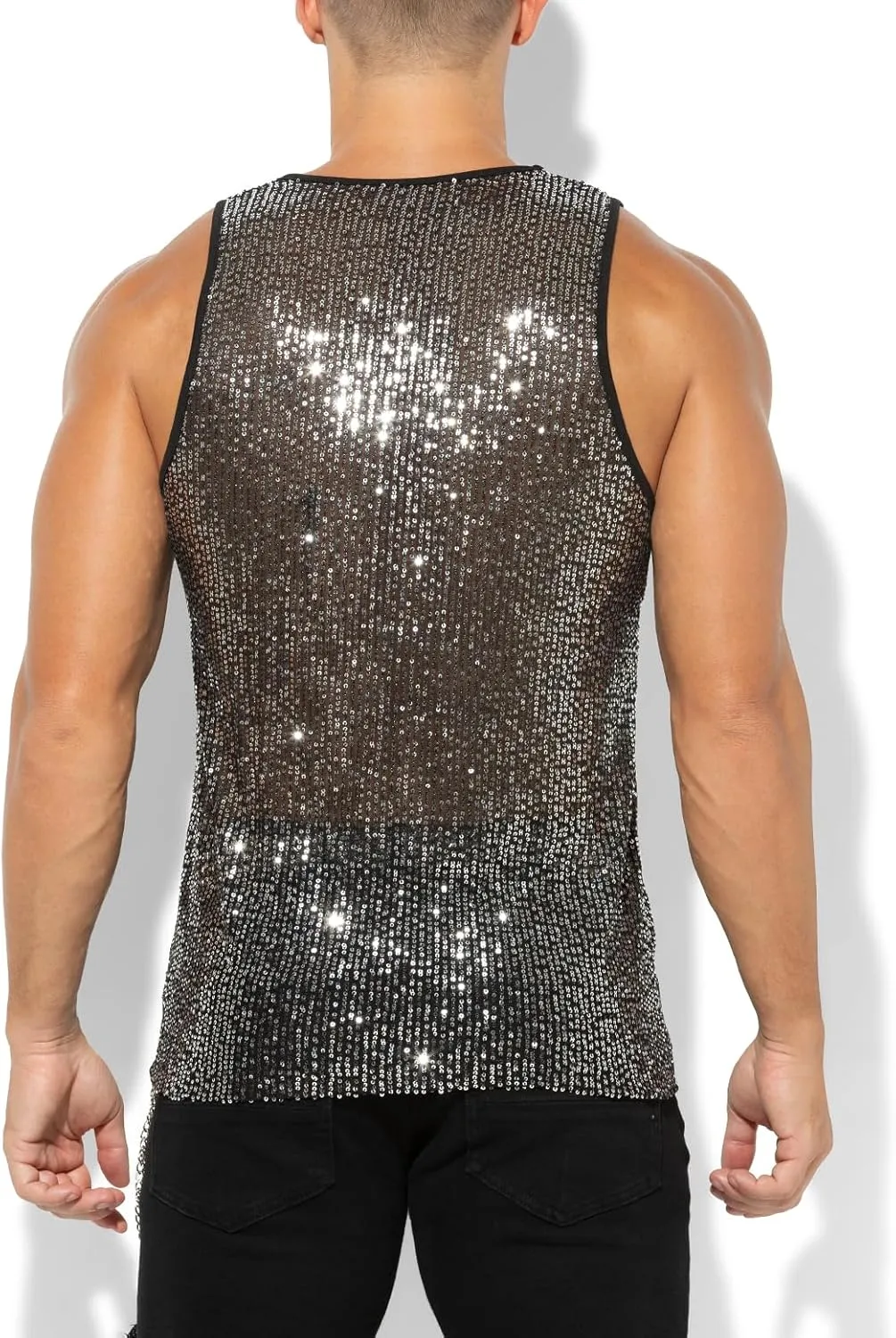Arjen Kroos Men's Sexy Sparkly Tank Top See-Through Mesh Sequin Disco Vest