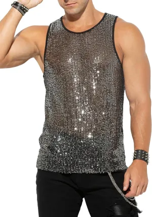 Arjen Kroos Men's Sexy Sparkly Tank Top See-Through Mesh Sequin Disco Vest