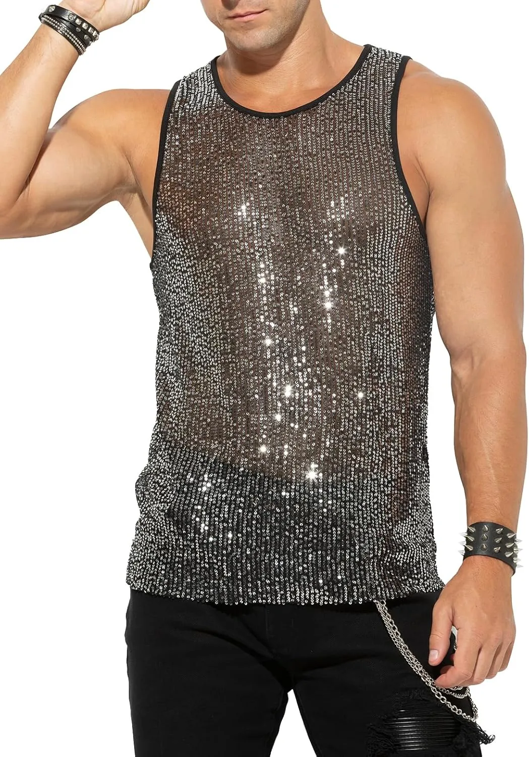Arjen Kroos Men's Sexy Sparkly Tank Top See-Through Mesh Sequin Disco Vest