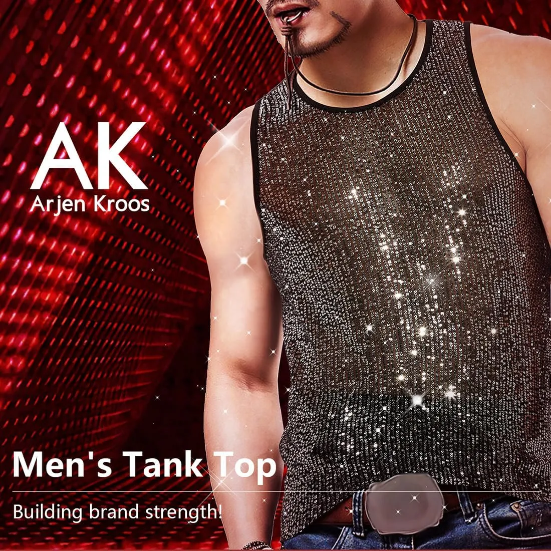 Arjen Kroos Men's Sexy Sparkly Tank Top See-Through Mesh Sequin Disco Vest