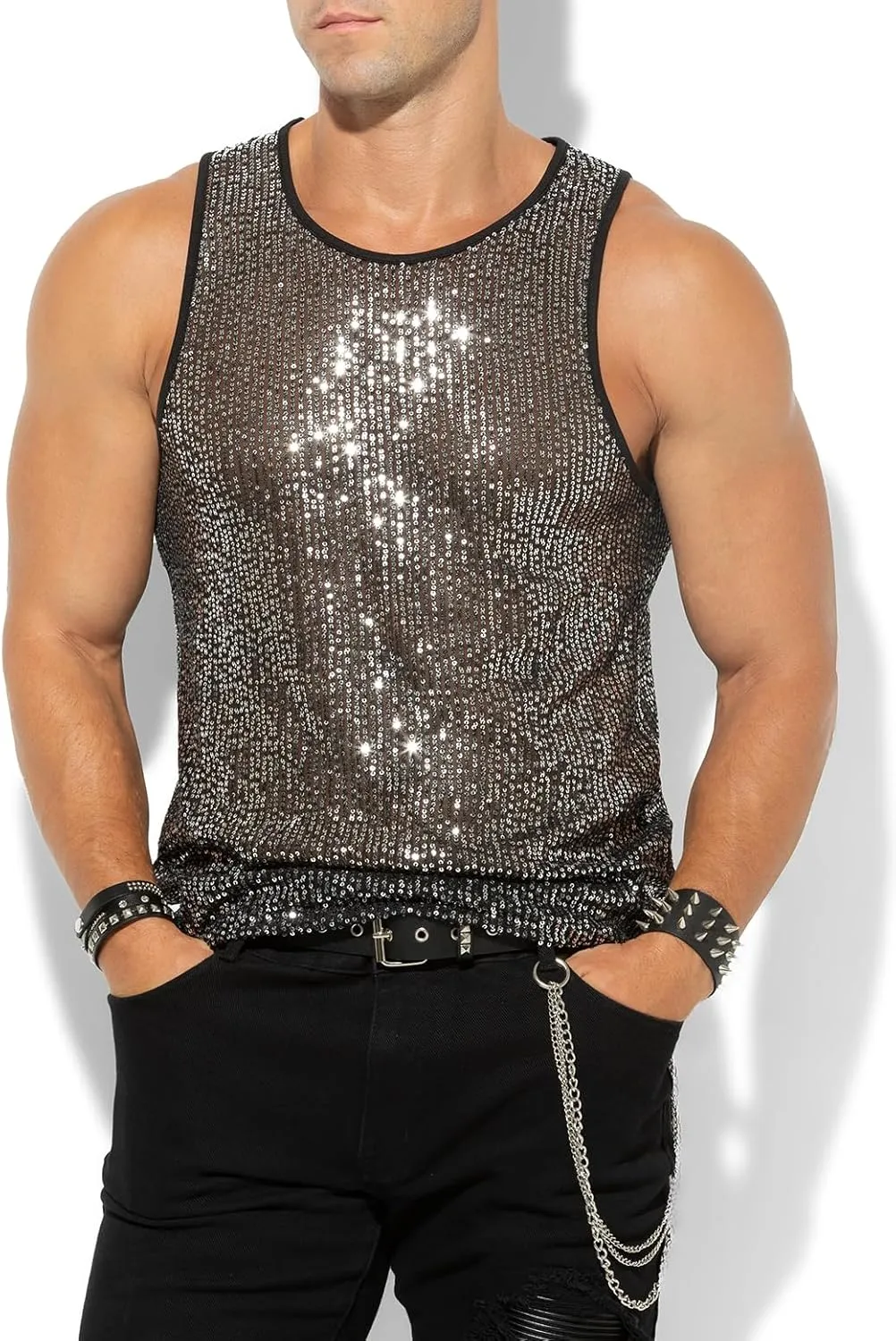 Arjen Kroos Men's Sexy Sparkly Tank Top See-Through Mesh Sequin Disco Vest
