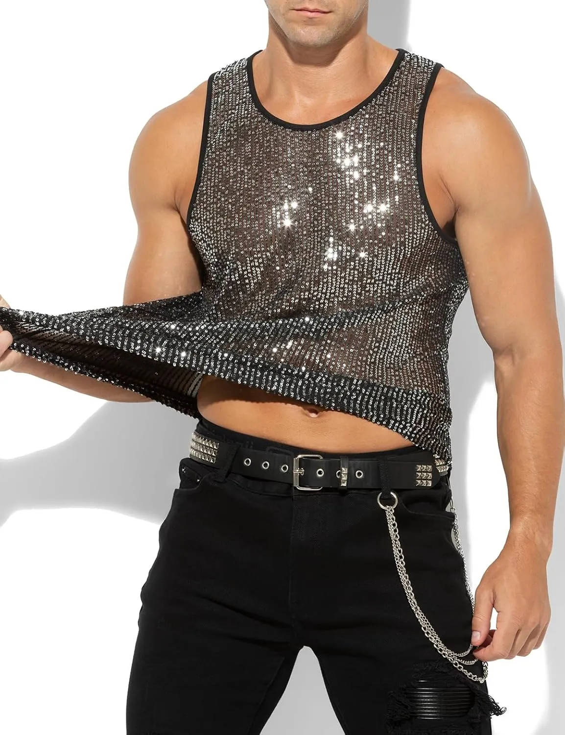 Arjen Kroos Men's Sexy Sparkly Tank Top See-Through Mesh Sequin Disco Vest