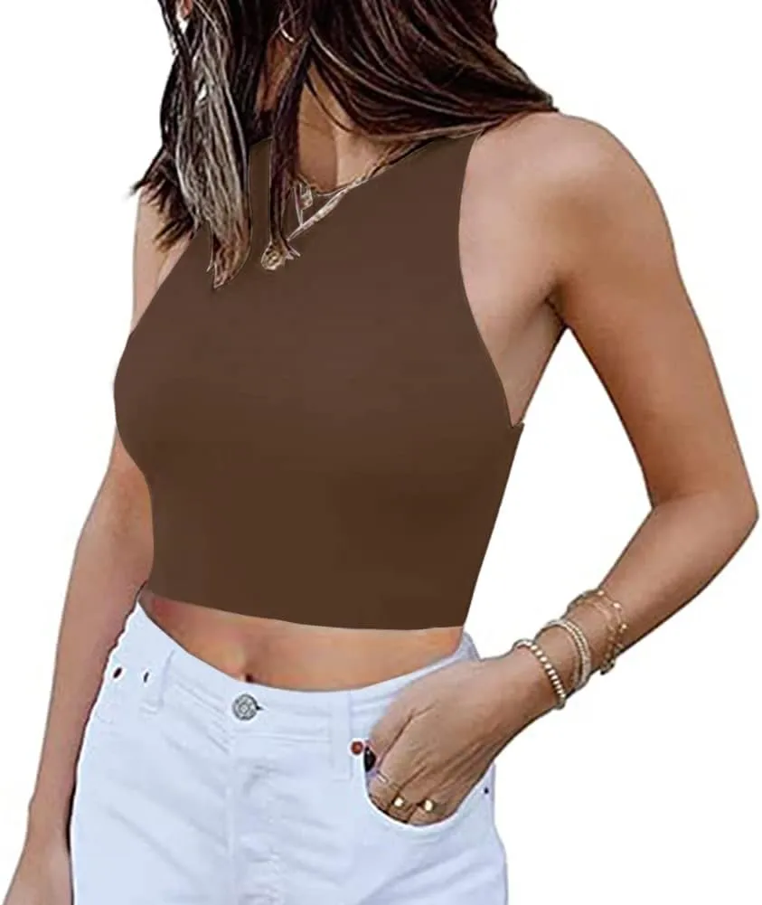 Artfish Women's Sleeveless Cropped Shirts High Neck Stretchy Fitted Basic Crop Tank Top