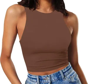 Artfish Women's Sleeveless Cropped Shirts High Neck Stretchy Fitted Basic Crop Tank Top